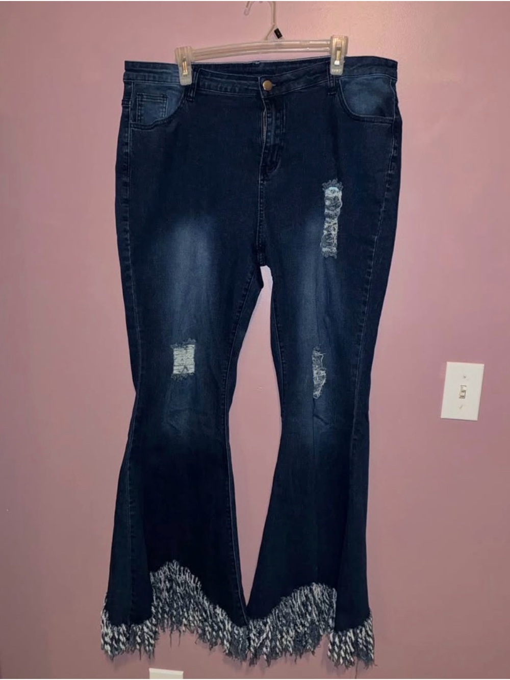 SHEIN Dark Blue Distressed Fringe Hem Flare Jeans Women’s 16-18, Stretchy